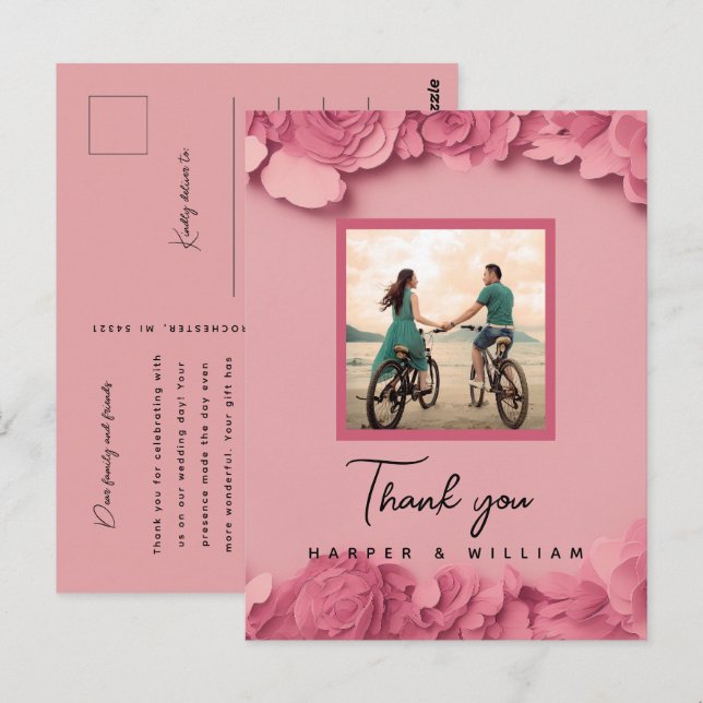 Carte Postale Remerciement de photo de mariage floral rose (Devant / Derrière)