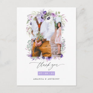 Carte Postale Remerciement de photo de mariage floral violet pas