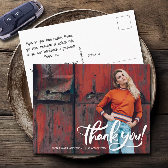 Carte Postale Remerciement de photo de remise de diplômes modern (Modern script thank you photo graduation postcards)