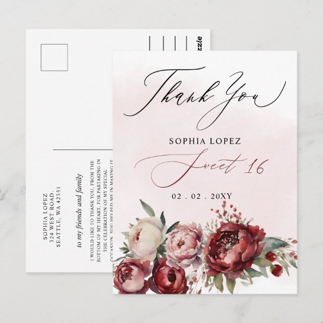 Carte Postale Remerciement de Sweet 16 Fleurs Élégantes Rouge Bo (Devant / Derrière)