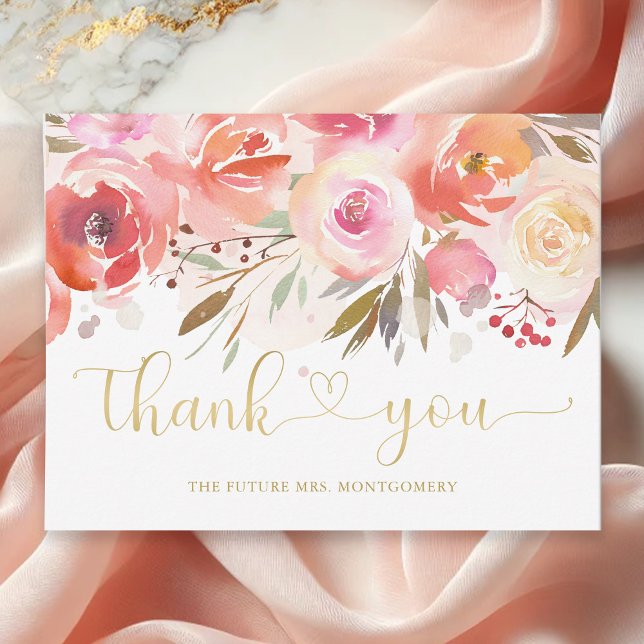 Carte Postale Remerciement Élégant de Rose Pâle pour Mariage (Elegant Blush Pink Rose Floral Bridal Shower Thank You Card)