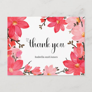 Carte Postale Remerciement floral aquarelle rose et rouge