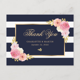 Carte Postale Remerciement floral bleu marine or rose poudré