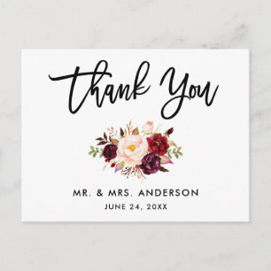 Carte Postale Remerciement Floral de Mariage en Écriture Brossée