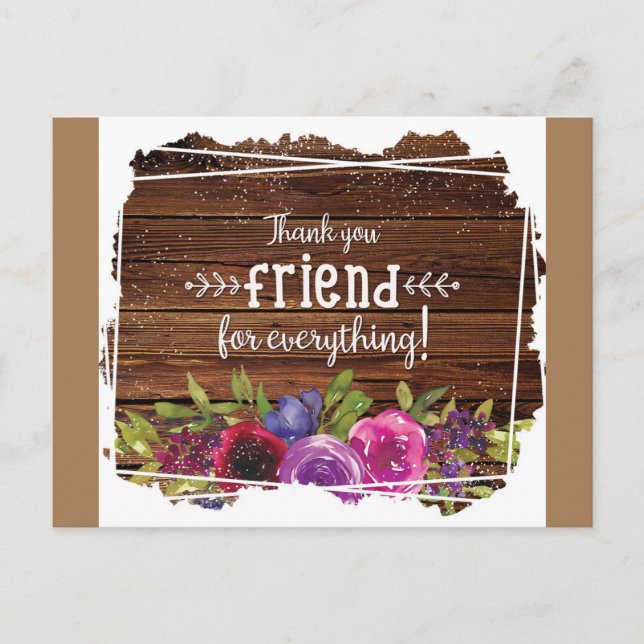 Carte Postale Remerciement Floral en Bois Rustique Ami (Devant)