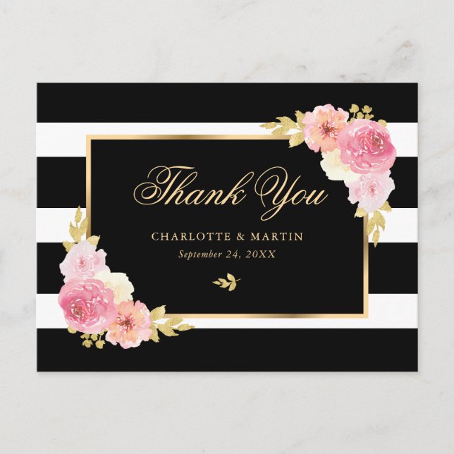 Carte Postale Remerciement floral noir blanc or rose (Devant)