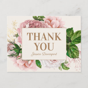 Carte Postale Remerciement Floral Vintage Rose Élégant