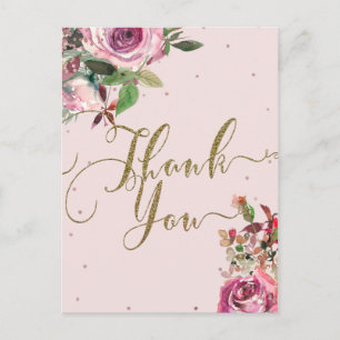 Carte Postale Remerciement Moderne Floral Rose Gold Rose Pâle