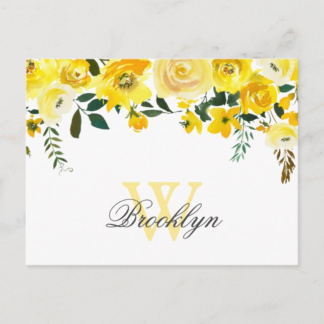 Carte Postale Remerciement Monogrammé Floral Aquarelle Jaune  (Devant)