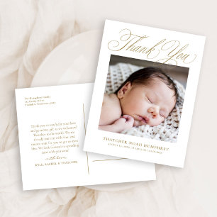 Carte Postale Remerciement Photo Bébé Écriture Dorée Élégante 