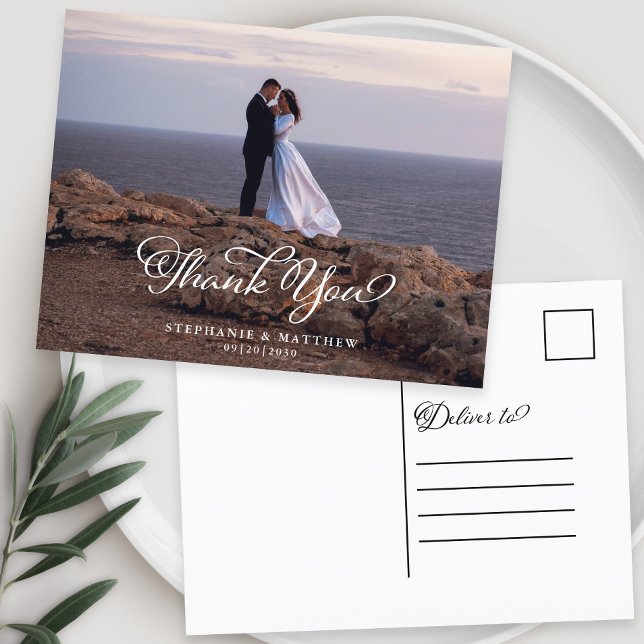 Carte Postale Remerciement photo de coutume de mariage Calligrap (Wedding Custom Photo Thank You Elegant Calligraphy Postcard)