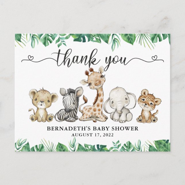 Carte Postale Remerciements de Baby Shower Animaux de Safari Aqu (Devant)
