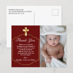 Carte Postale Remerciements de baptême pour une croix élégante b