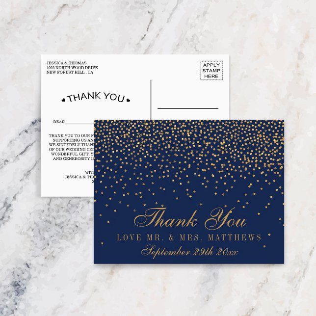 Carte Postale Remerciements de mariage Bleu Nuit et Confettis Gl (Créateur téléchargé)