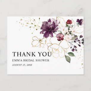 Carte Postale Remerciements Fleuris de Mariage avec Or et Vin po