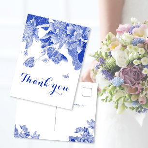 Carte Postale Remerciements Floraux Élégants Bleu Blanc de Style