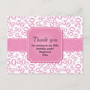 Carte Postale Remerciements: Numéro 50e anniversaire Motif rose/