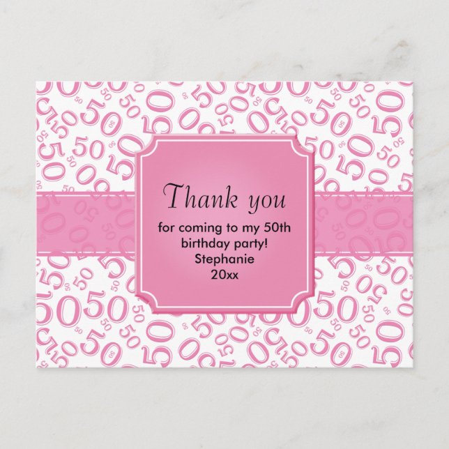 Carte Postale Remerciements: Numéro 50e anniversaire Motif rose/ (Devant)