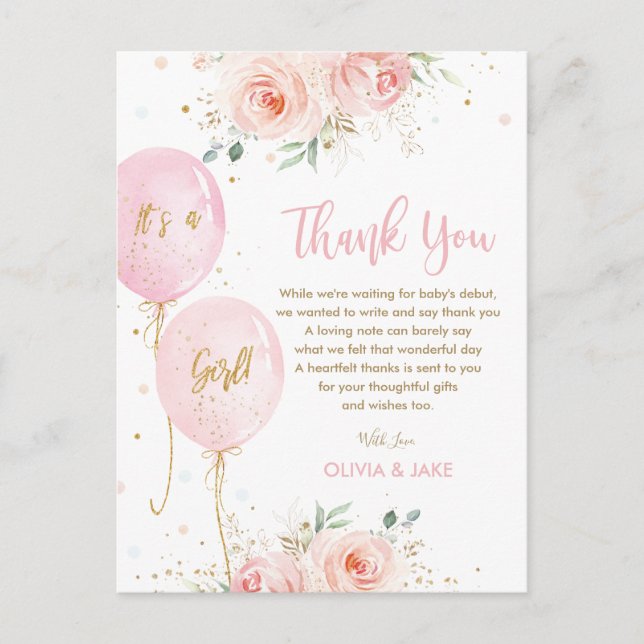Carte Postale Remerciements pour Baby Shower avec Ballons Florau (Devant)
