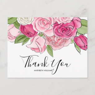 Carte Postale Remerciements pour Baby Shower Roses Aquarelle Ros