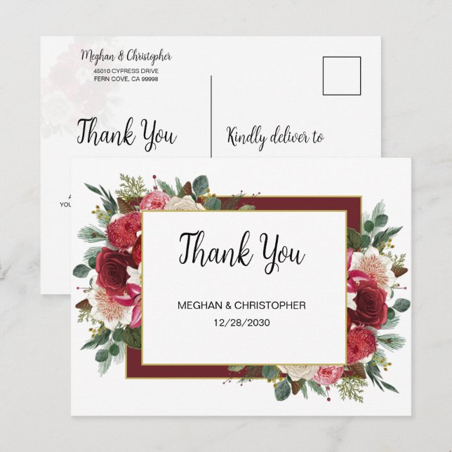 Carte Postale Remerciements pour un mariage d'hiver floral rusti (Devant / Derrière)