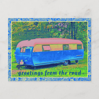 Carte Postale Remorque Camping Retro avec cadre Vintage Floral