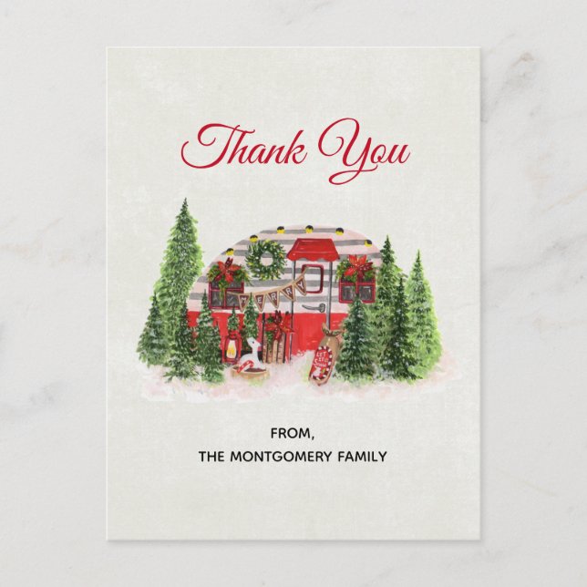 Carte Postale Remorque de Noël Camper Outdoorsthème Merci (Devant)