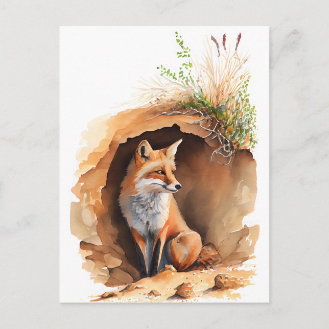 Carte Postale Renard aquarelle dans son den (Devant)