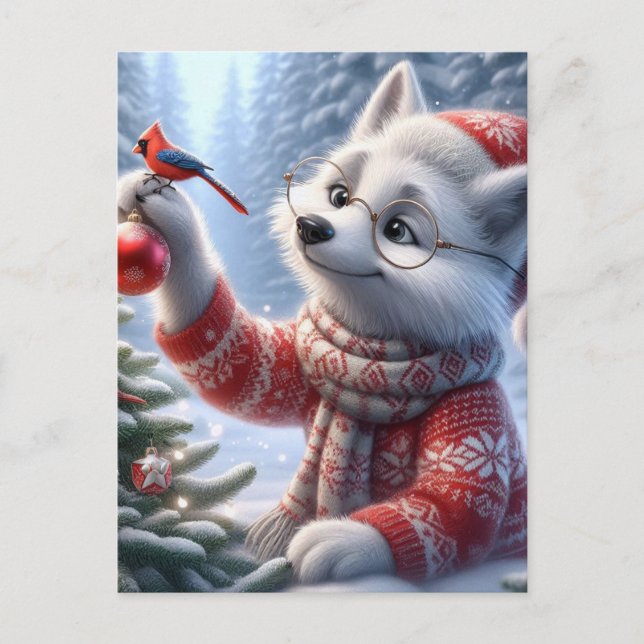 Carte Postale Renard arctique de Noël et les oiseaux (Devant)