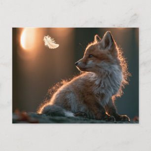 Carte Postale Renard Bébé Curieux Regardant une Plume Flottante