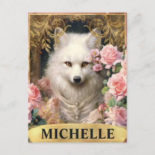 Carte Postale Renard blanc et roses roses aquarelle vintage