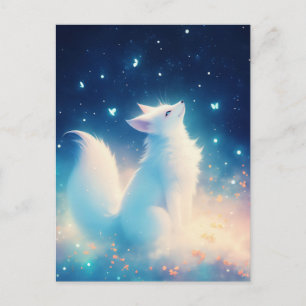 Carte Postale Renard Blanc Éthéré Sous un Ciel Étoilé