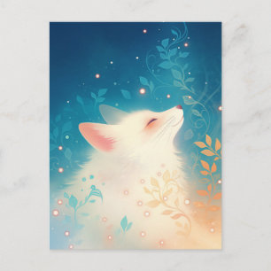 Carte Postale Renard Blanc Heureux dans Jardin de Teal Magique