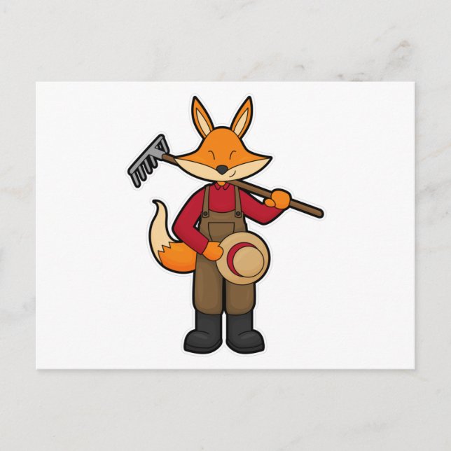 Carte Postale Renard en fermier avec râteau et chapeau (Devant)