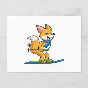 Carte Postale Renard en ski avec des pôles de ski