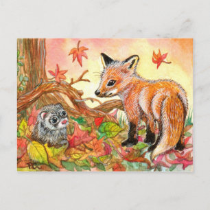 Carte Postale Renard et furet en feuilles d'automne