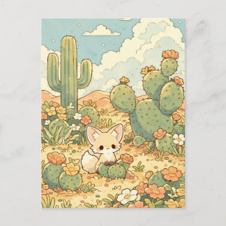 Carte Postale Renard Fennec Mignon Cactus Fleurissant