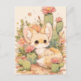 Carte Postale Renard Fennec Mignon Fleurir Corail Poussiéreux