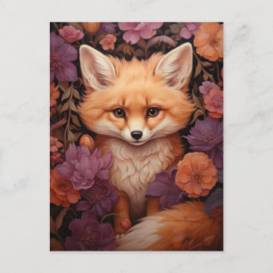 Carte Postale Renard lunaire sur un lit de fleurs automnales
