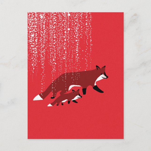 Carte Postale Renard mère et bébé marchant sous la neige (Devant)