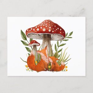 Carte Postale Renard mère et son bébé sous de gros champignons