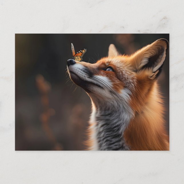 Carte Postale Renard mou avec papillon assis sur son nez (Devant)