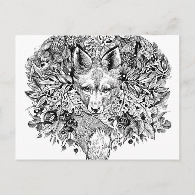 Carte Postale Renard noir et blanc dans la forêt (Devant)