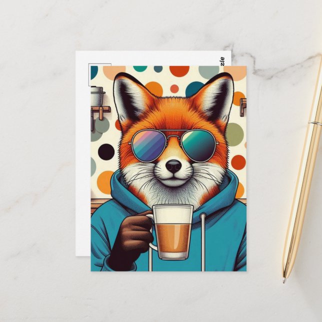 Carte Postale Renard rouge dans les lunettes de soleil avec café (Devant/Arrière en situation)
