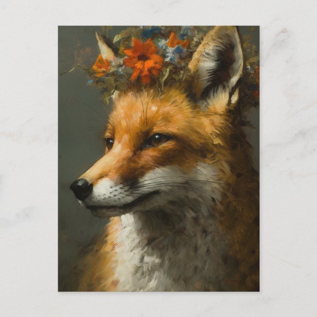 Carte Postale Renard rouge dans une couronne florale (Devant)