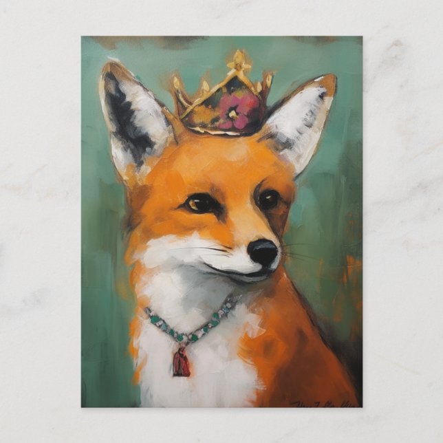 Carte Postale Renard rouge mignon dans une couronne et collier (Devant)