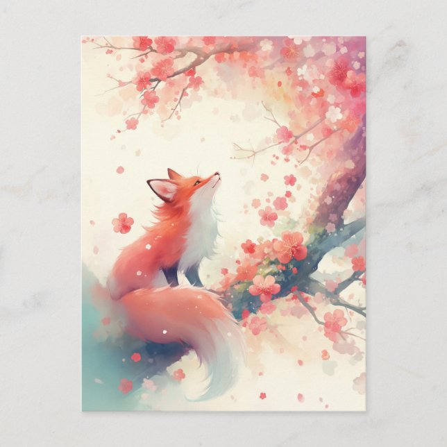 Carte Postale Renard roux sous cerisier rose (Devant)