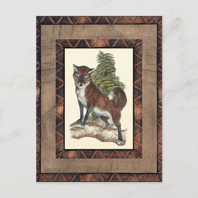 Carte Postale Renard rustique sur un tronc d'arbre (Devant)