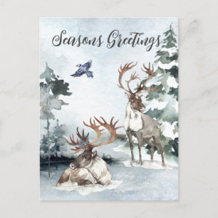 Carte Postale Renne Noël Paysage d'hiver Aquarelle