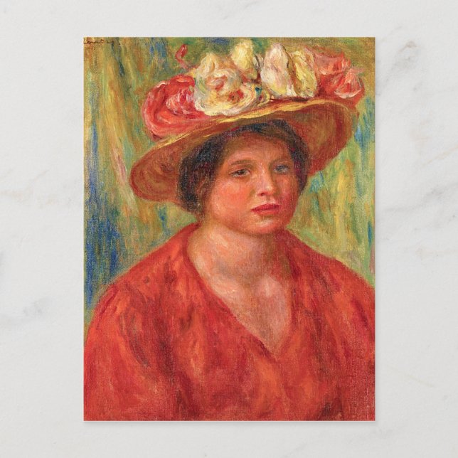 Carte Postale Renoir - Femme dans un Casquette avec fleurs (Devant)